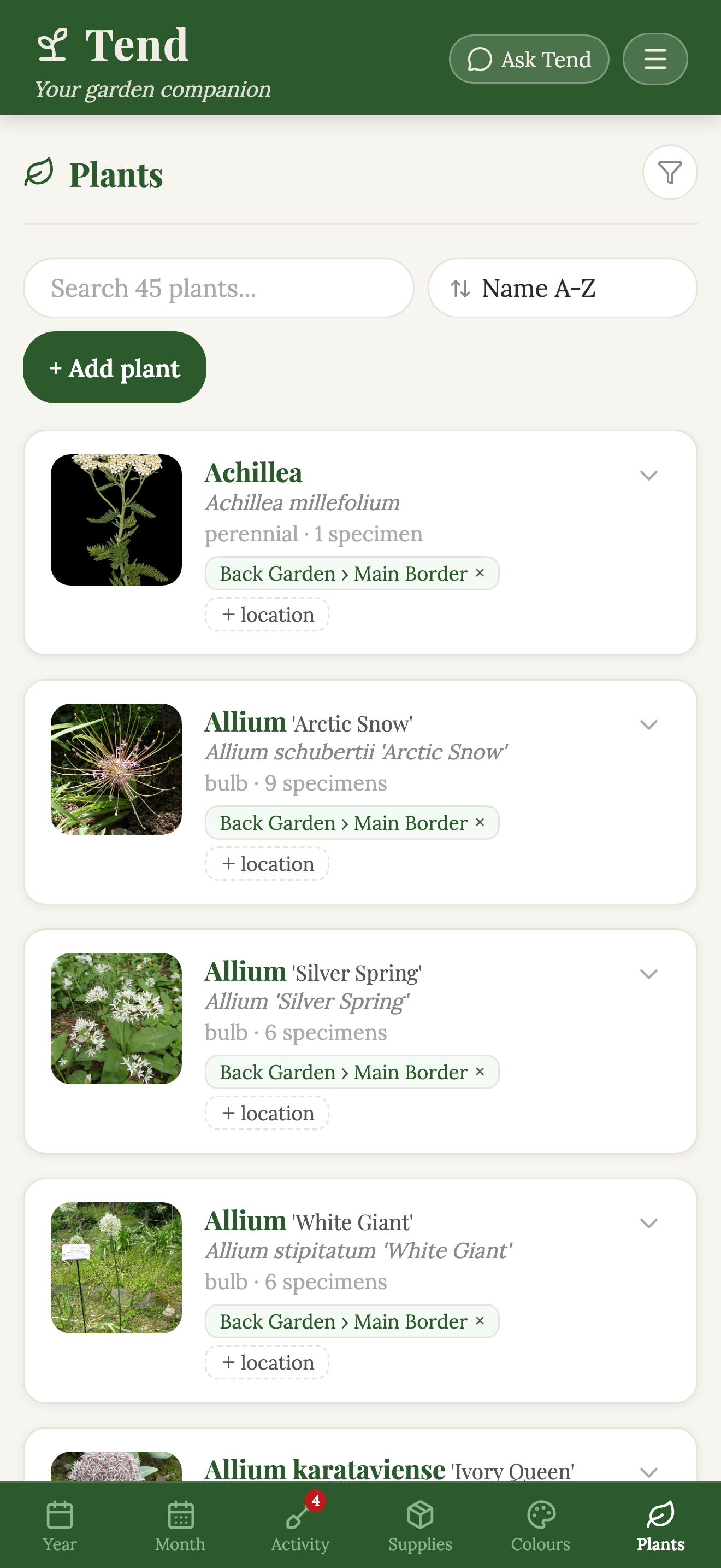 Tend app Plants — a searchable A-to-Z list of 45 tracked plants with thumbnails, scientific names, mature heights, and garden location tags