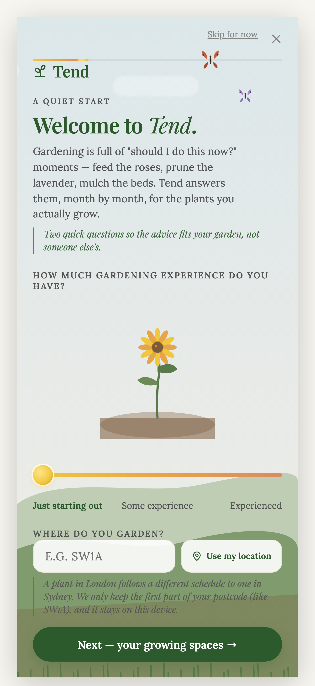 Tend's friendly setup walkthrough, helping a new gardener map their spaces and add plants